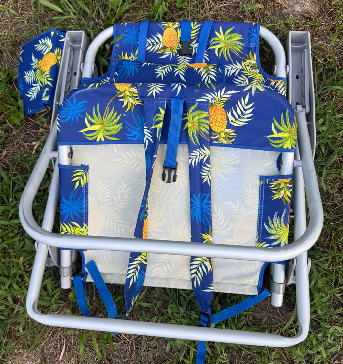Blue Pineapple Tommy Bahama Back Pack Low Sitting Beach Chair with Pillow & Cooler Pocket