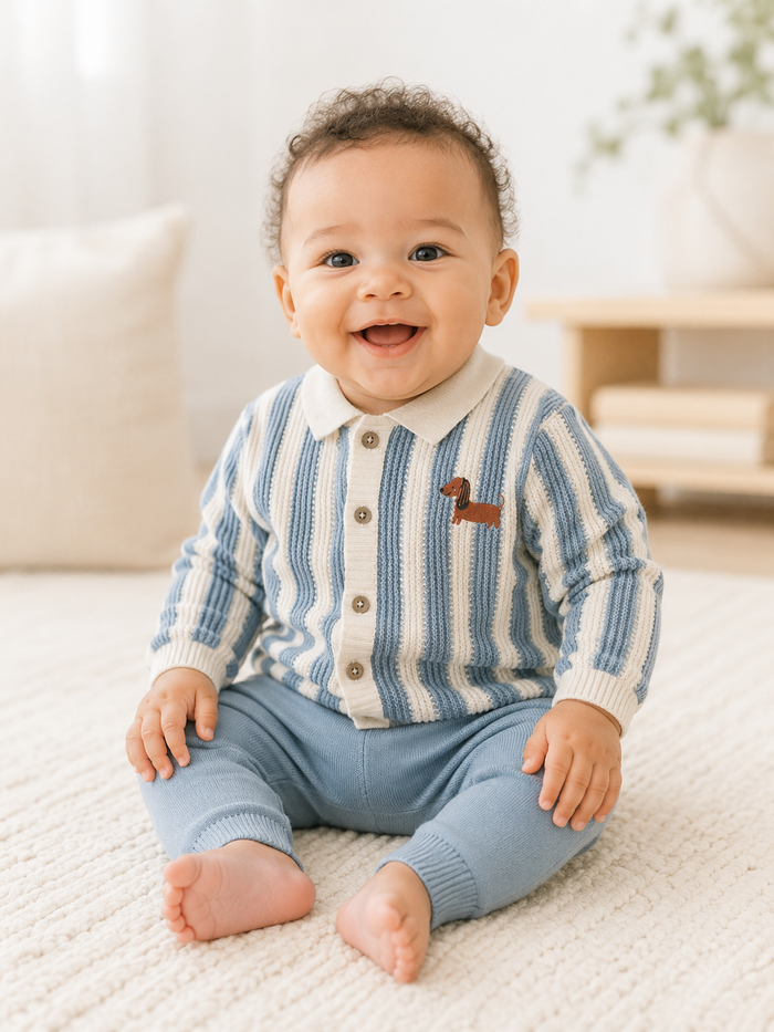 Baby in Dog Stripe Baby Collar Cardigan and Pant Set, Organic Cotton by Viverano