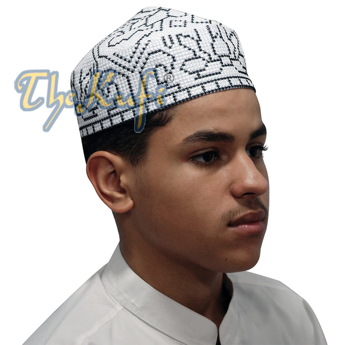 Embroidered White Orchid Pattern Soft Lined Pakistani Style Topi Kufi Cap