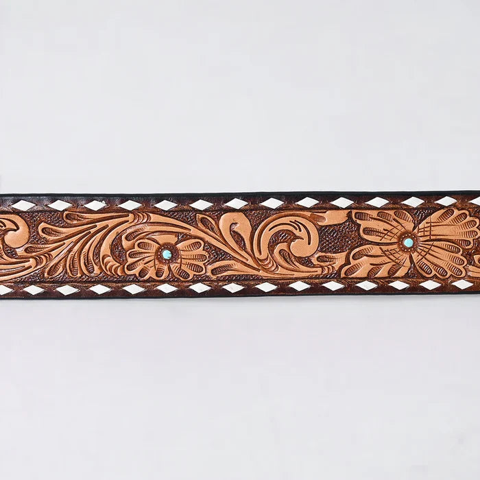 Floral White Diamond Border Turquoise Stud Tooled Leather Belt
