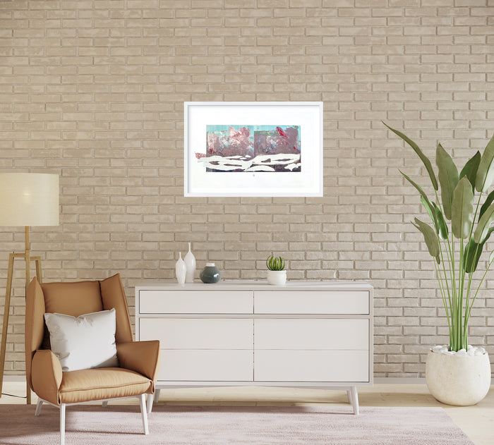 The artwork 'Glacier' by Karin Bruckner features an abstract landscape composition with ethereal pink and turquoise hues floating above stark white geometric forms, suggesting frozen formations. The monotype print combines delicate brushwork and textural elements, creating a dynamic interplay between fluid and structured shapes, framed in crisp white. By Karin Bruckner.