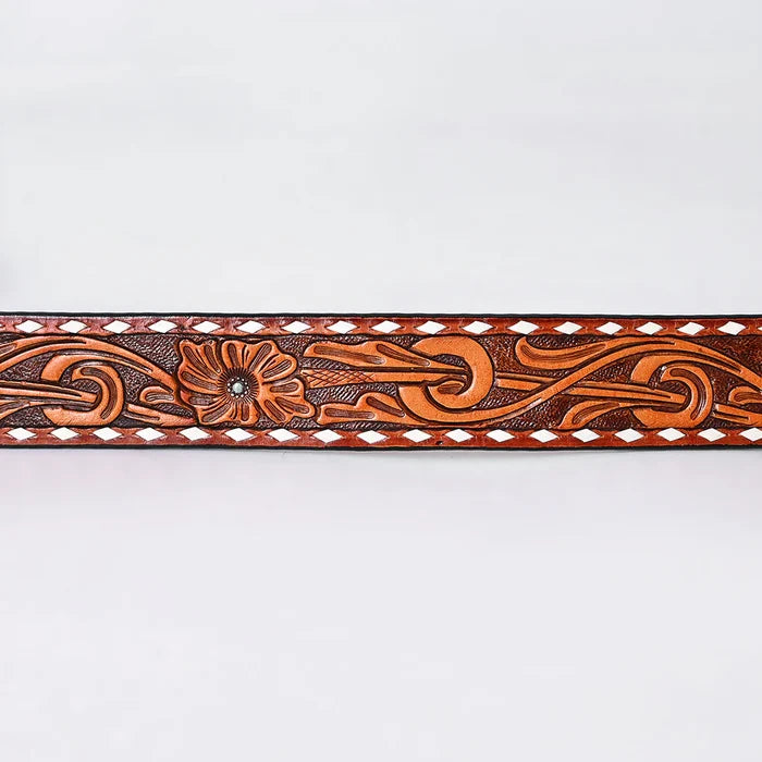 Hand Tooled White Diamond Border Leather Belt
