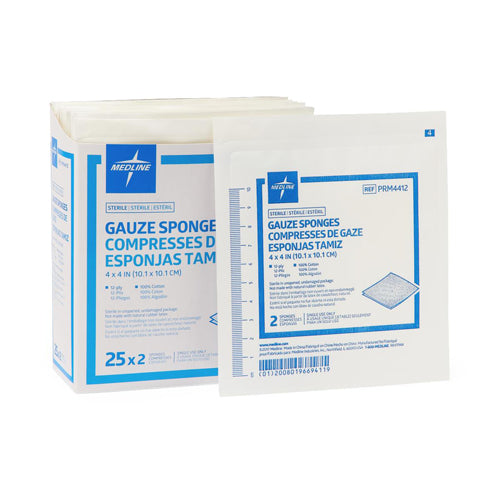 Medline Caring Woven Sterile Gauze Sponges, 4" x 4", 12 ply, 2 per Pack, 25 Packs Per Box