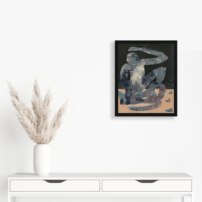 The artwork 'Monkey' by Nikki Shapiro features an abstract interpretation of a simian figure rendered in muted blue and gray tones against a peachy-sand background. The acrylic on canvas painting showcases fluid, geometric shapes creating a modernist composition with curved lines and angular forms, measuring 20 inches by 16 inches. by Nikki Shapiro