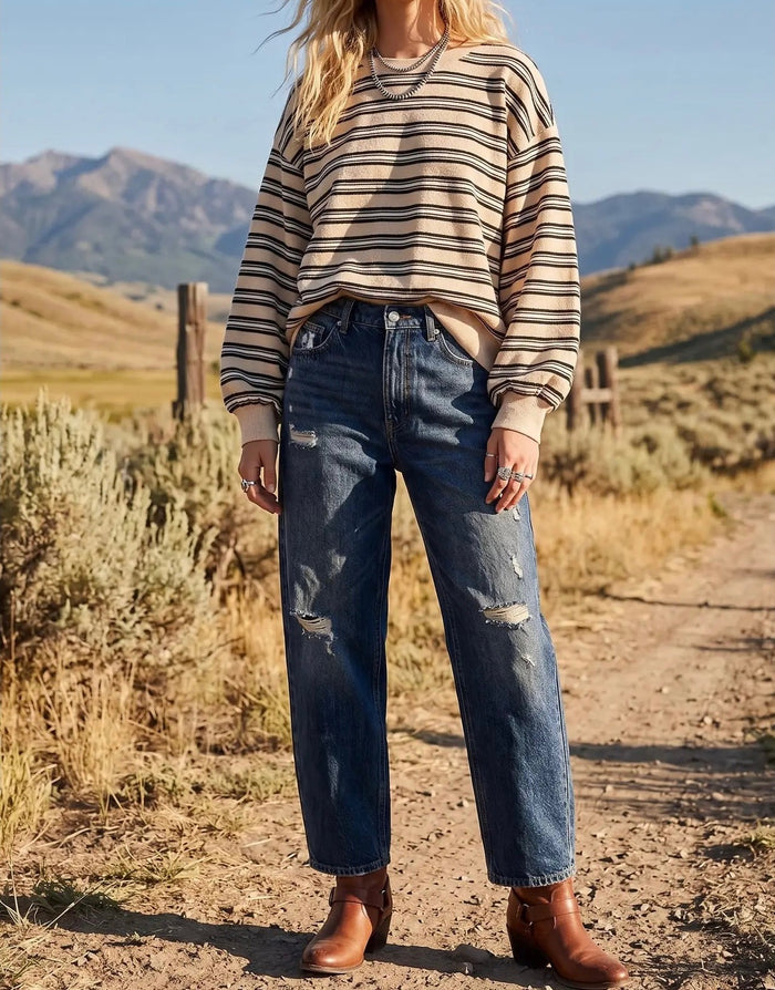 Oversized French Terry Striped Sweatshirt - Beige Combo