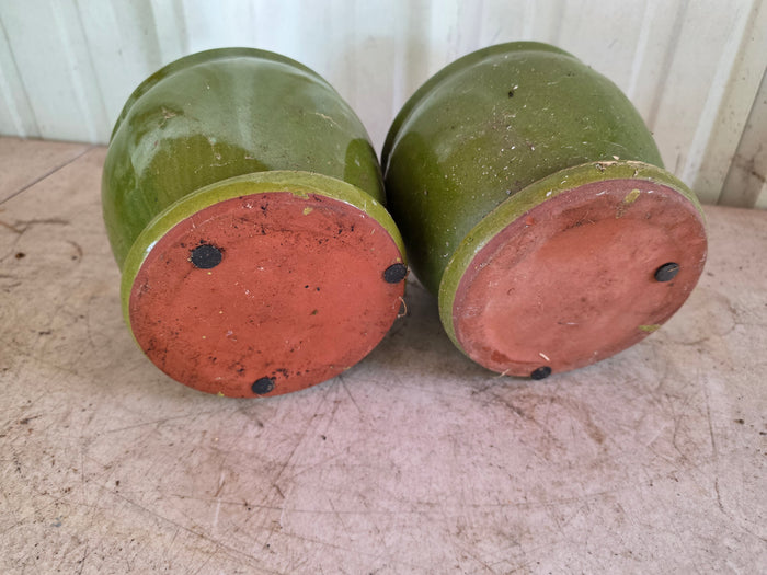 Pair of Green Glazed Terracotta Planters w/Fixed Saucers