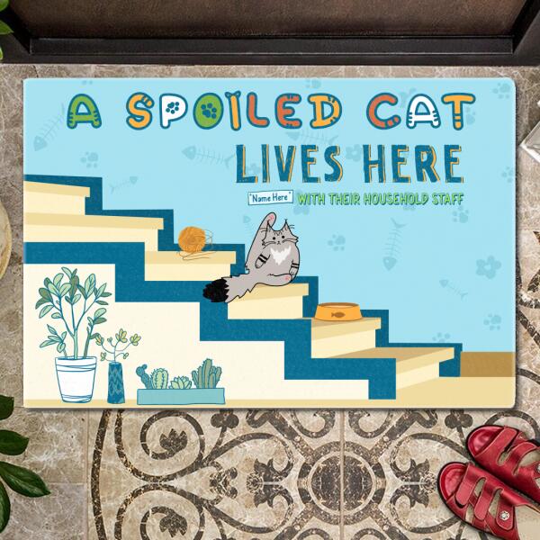 Pawzity Custom Mat, Gifts For Cat Lovers, Spoiled Cat Lives Here Cats On Stair Blue Front Door Mat