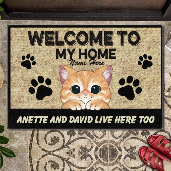 Pawzity Welcome To Our Home Custom Doormat, Gifts For Cat Lovers, Cute Peeking Cats Front Door Mat