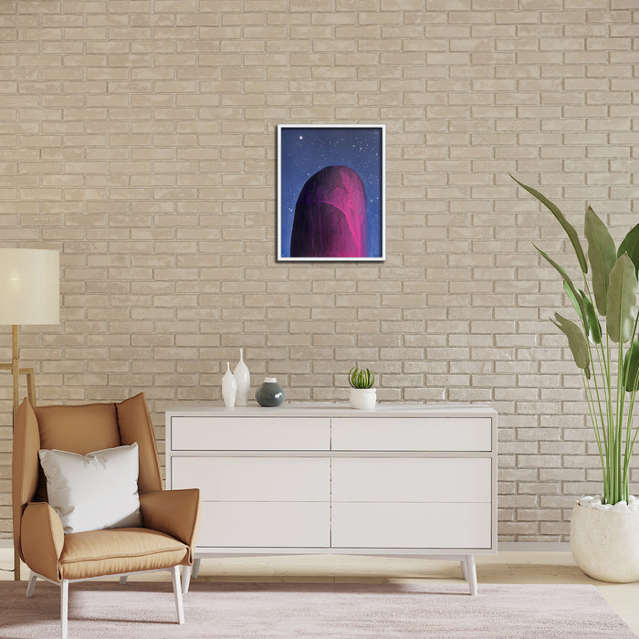 The artwork 'Pink Mountain' by Theresa Bloise features a minimalist abstract mountain peak rendered in vibrant pink and deep purple hues against a starlit midnight blue sky. The mountain silhouette appears smooth and monolithic, while metallic silver leaf accents create a subtle shimmer throughout the 20x16 inch acrylic painting on paper.