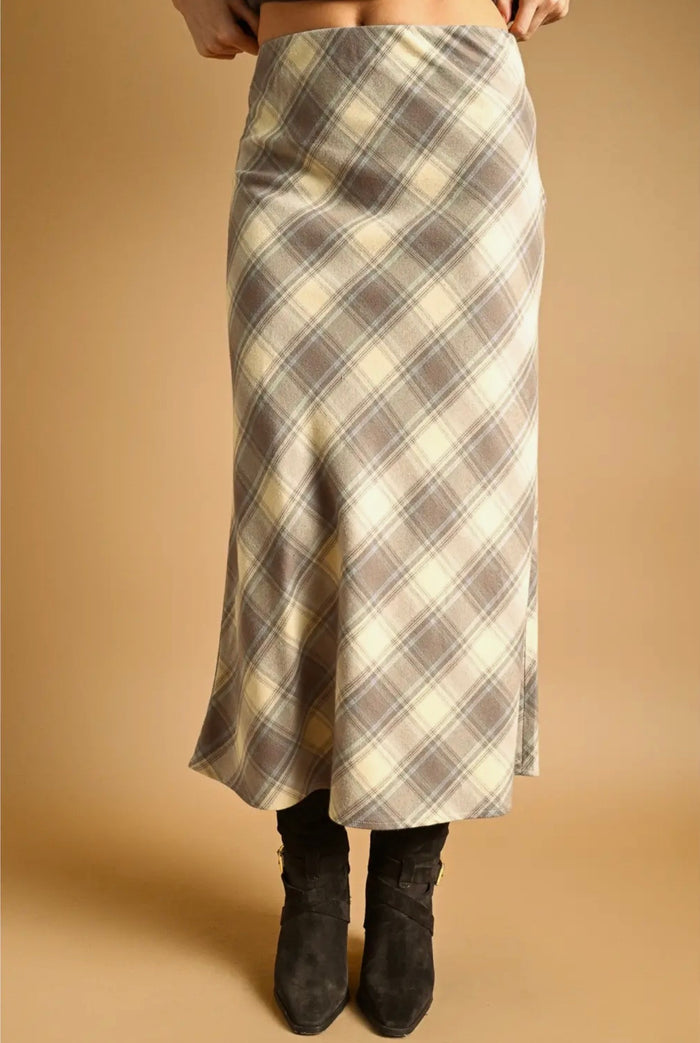 Plaid Printed Stretch Maxi Skirt - Ecru/Blue