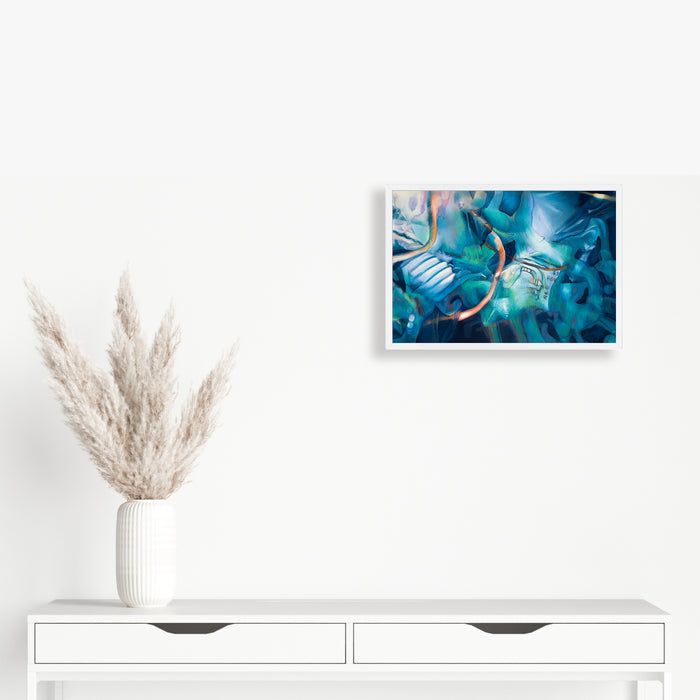 The artwork 'R66' by Sarah Canfield features swirling abstract forms in vibrant turquoise and blue tones, creating a dynamic underwater-like atmosphere. Fluid brushstrokes and organic shapes merge with subtle coral-colored accents against a deep azure background, executed skillfully in pastel medium, displaying a harmonious blend of motion and aquatic tranquility.