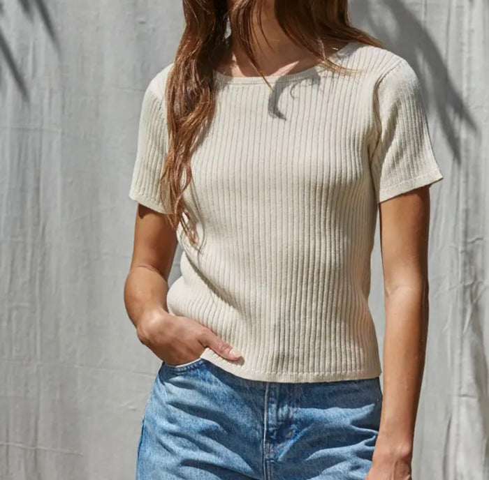Ribbed Short Sleeve Sweater - Oatmeal