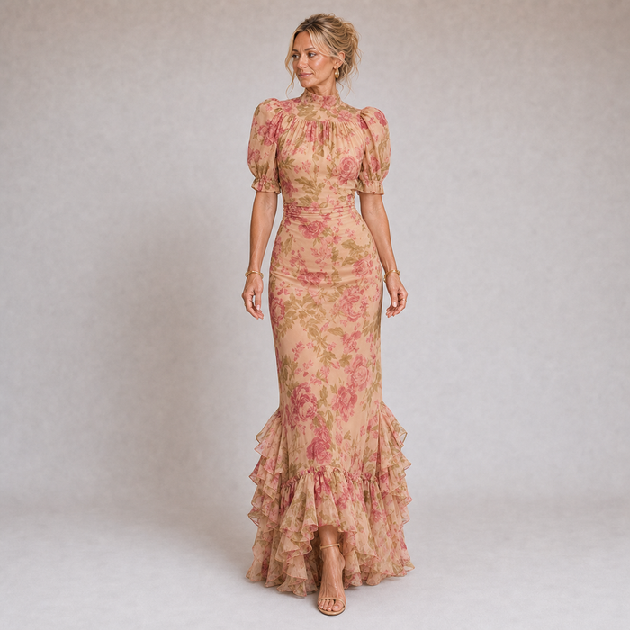 Rosalía - Lang Blomstret Kjole i Chiffon