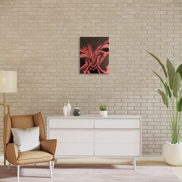 The artwork 'Solar Explosion' by Sabrina Puppin features dynamic swirling patterns in vibrant coral red against a deep black background. Abstract fluid forms create a dramatic burst of energy resembling a solar flare. Created with synthetic glazes on canvas, the 20x16 inch piece showcases bold brushstrokes and mesmerizing movement that captures the intensity of cosmic forces.