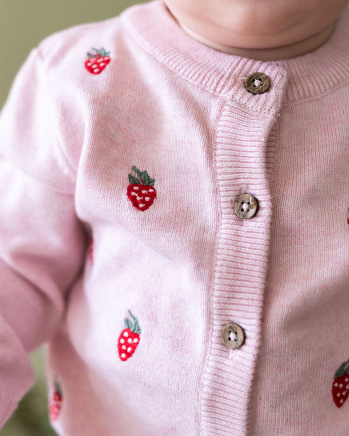 Strawberry Embroidered Knit Baby Cardigan (Organic Cotton)