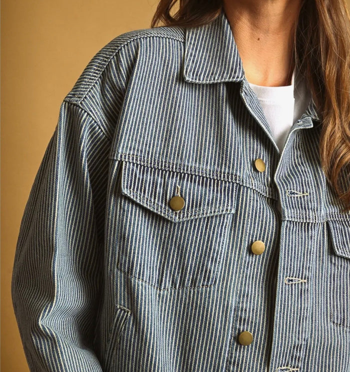 Striped Pattern Denim Jacket - Indigo