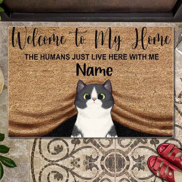 Welcome To My Home - Cats Hiding Behind Curtain - Personalized Cat Doormat