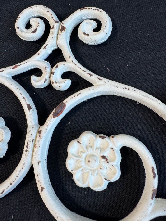 2-Piece Distressed Shabby Chic Off White Cast Iron Scroll Wall Hanging or Door Topper