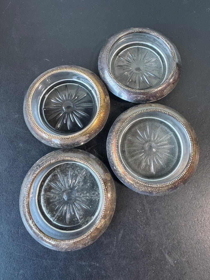 4-Piece Frank M. Whiting Pressed Glass & Sterling Silver Coasters