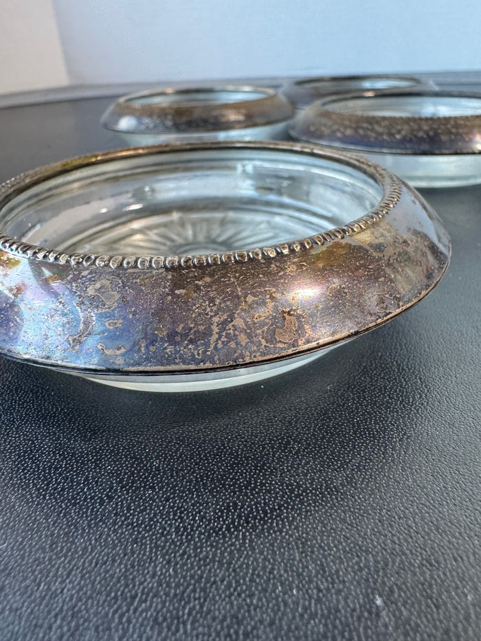 4-Piece Frank M. Whiting Pressed Glass & Sterling Silver Coasters