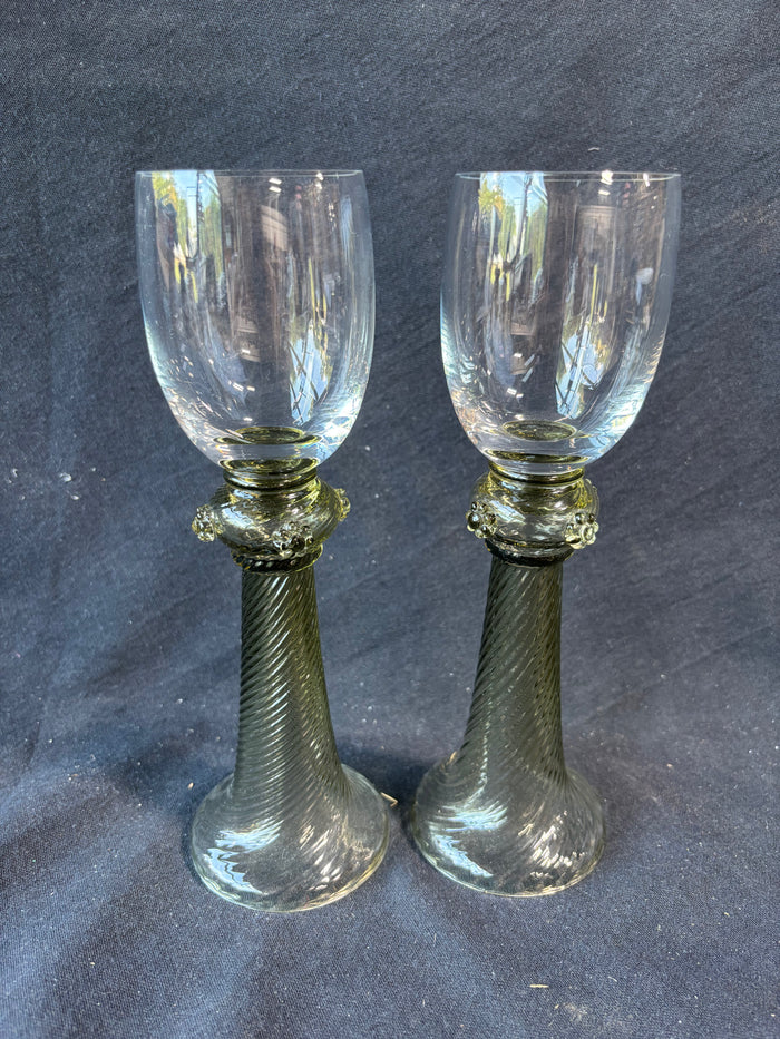 Pair Of Green Römer Style Wine Glasses Goblets Wrythen Spiral Stem Unmarked