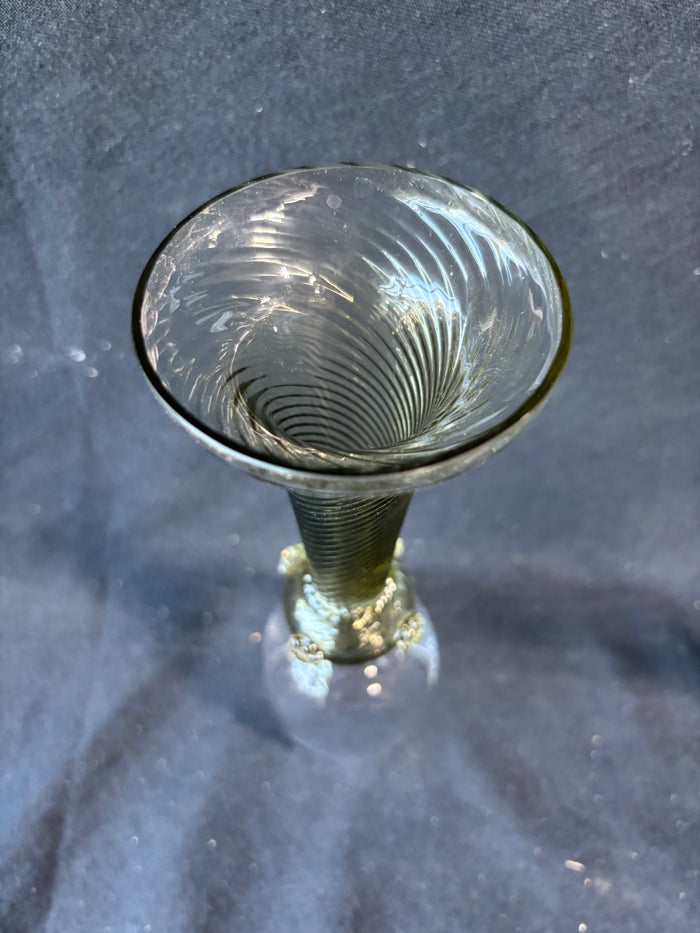 Pair Of Green Römer Style Wine Glasses Goblets Wrythen Spiral Stem Unmarked