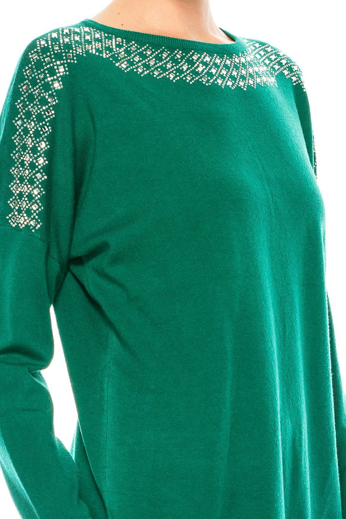 Aaeda Long Sleeve Rhinestone Sweater Top (Additional Colors) - foxberryparkproducts
