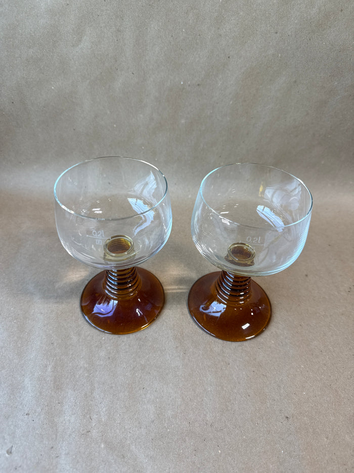 Amber Stemmed Ribbed Wine Goblets- Pair