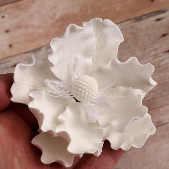 White gumpaste Anemone gumpaste sugarflower cake decoration perfect for decorating wedding cakes.  Wholesale cake supply.  Bakery Supply.