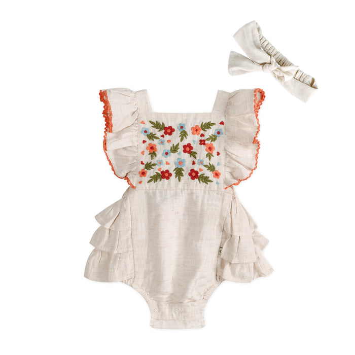 Anya Embroidered Baby Romper + Headband (Linen Blend)