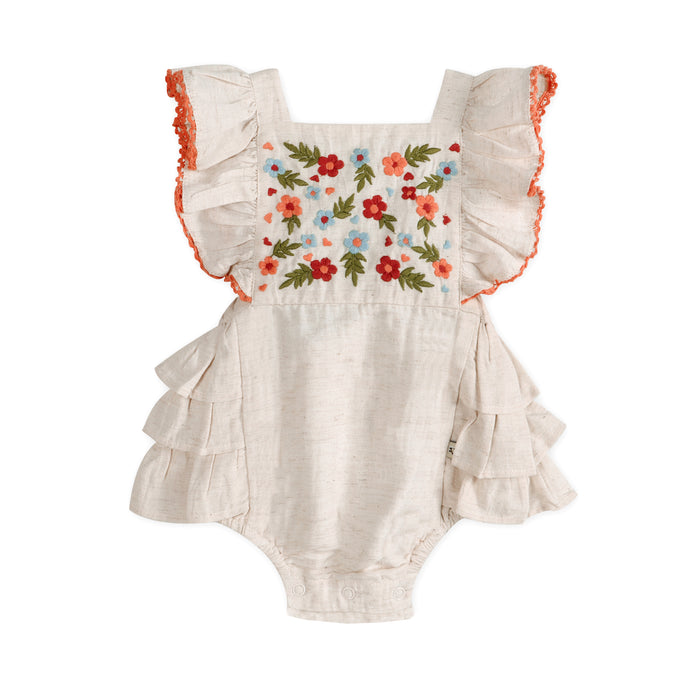 Anya Embroidered Baby Romper Front (Linen Blend)