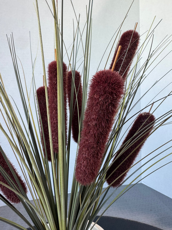 Artificial Cattail Arrangement in Crackled White Ceramic Vase