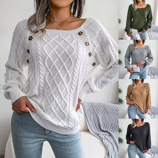 Autumn And Winter Casual Square Collar Nail Button Twist Knit Pullover