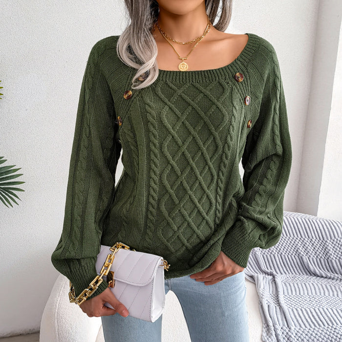 Autumn And Winter Casual Square Collar Nail Button Twist Knit Pullover