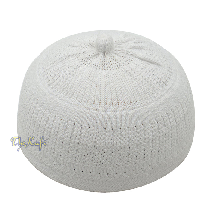Baby Kufi White Stretch-Knit Pom-Pom Soft Cotton Beanie Skull Cap