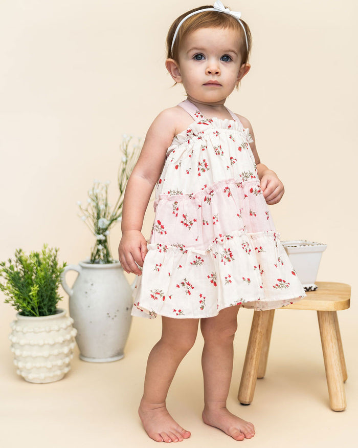 Bijou Tiered Floral Baby Dress + Bloomer (Organic) - Model