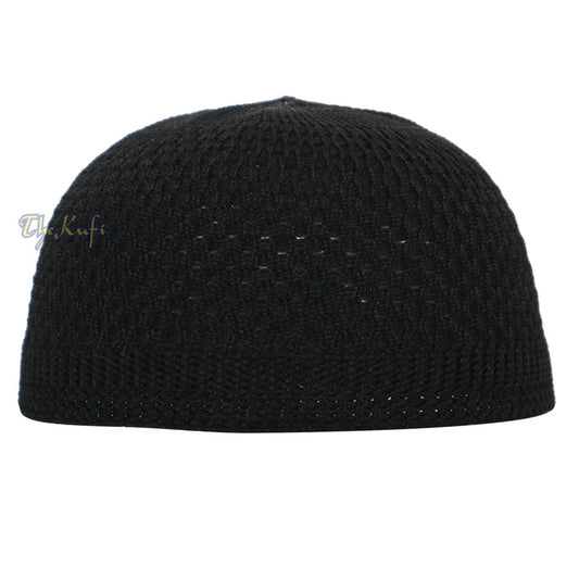 Black knitted Islamic kufi cap with a breathable mesh pattern from TheKufi.com.