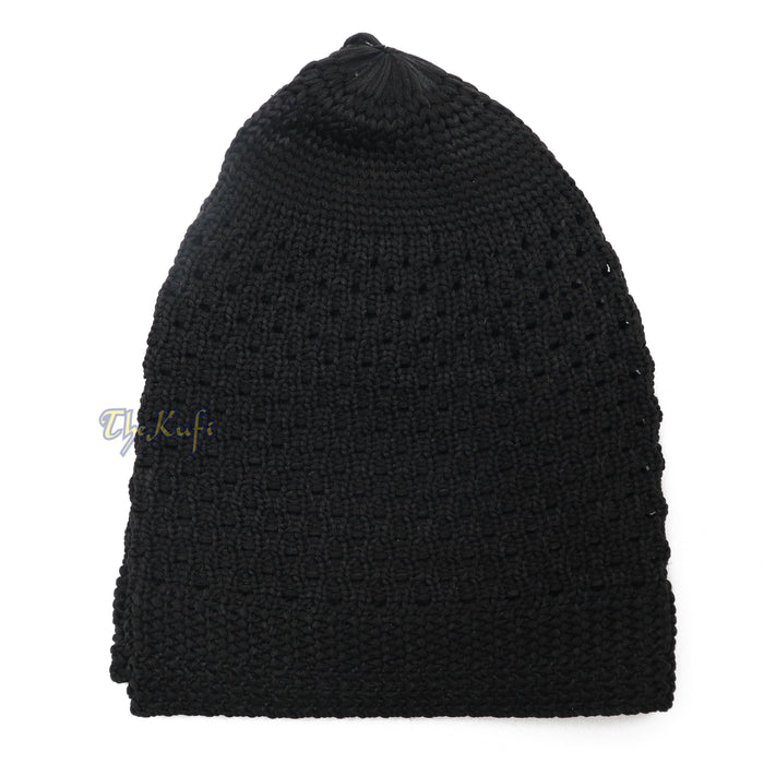 Black knitted Islamic kufi cap with a breathable mesh pattern from TheKufi.com.