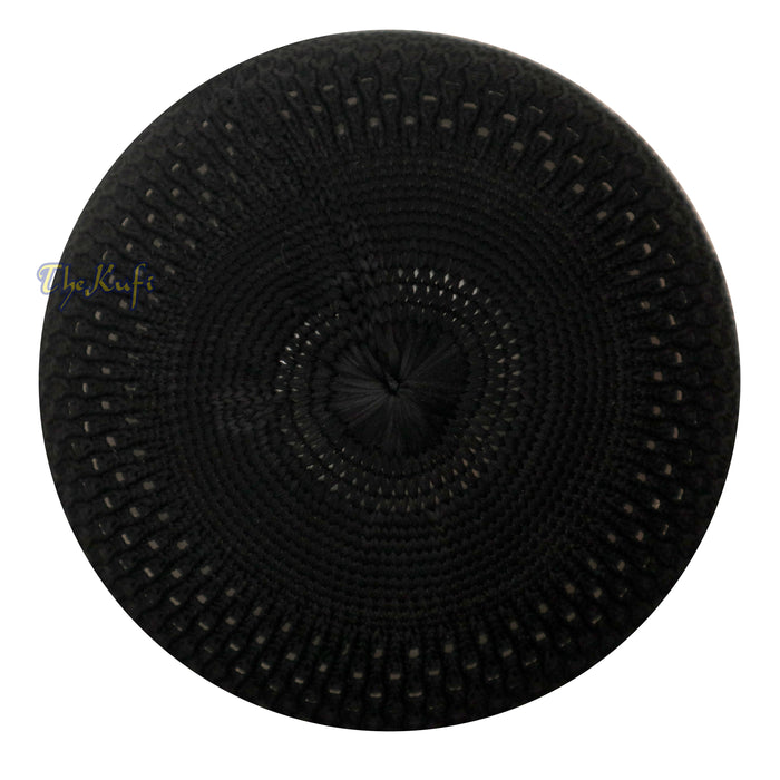 Black knitted Islamic kufi cap with a breathable mesh pattern from TheKufi.com.