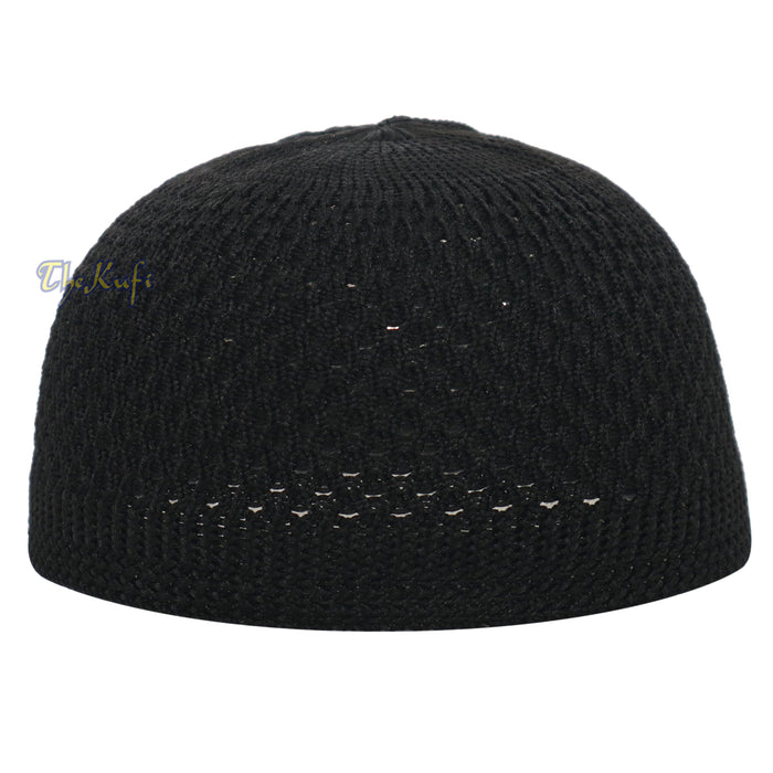 Black knitted Islamic kufi cap with a breathable mesh pattern from TheKufi.com.