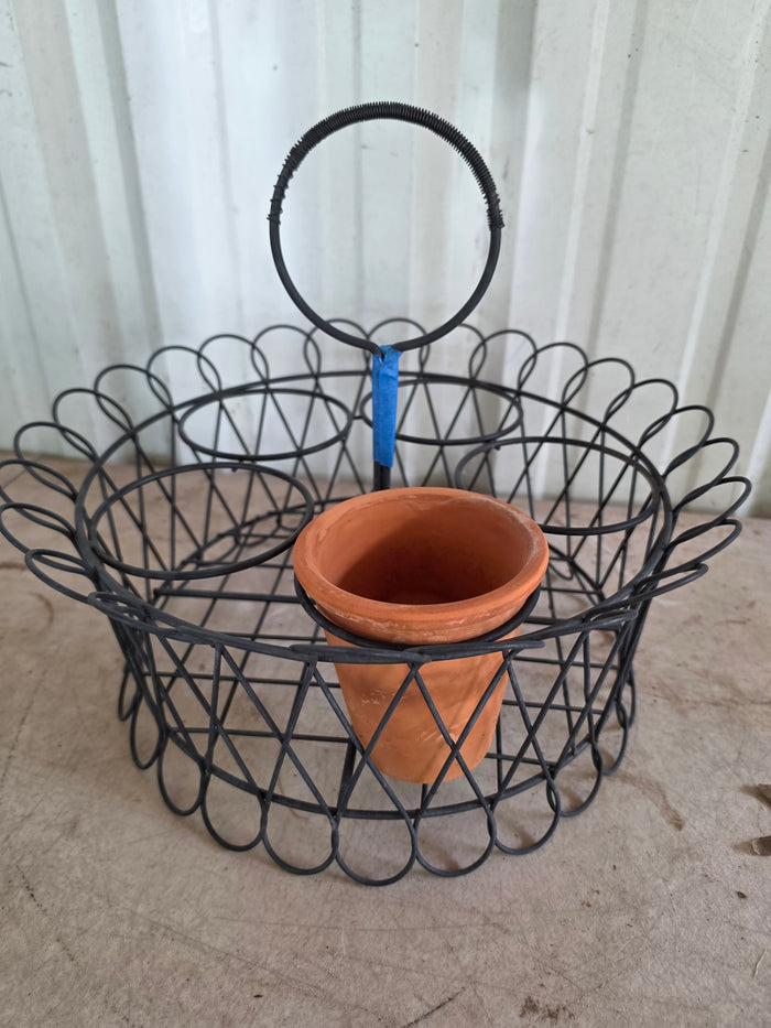 Black Wire Pot Holder Basket w/One Terracotta Pot