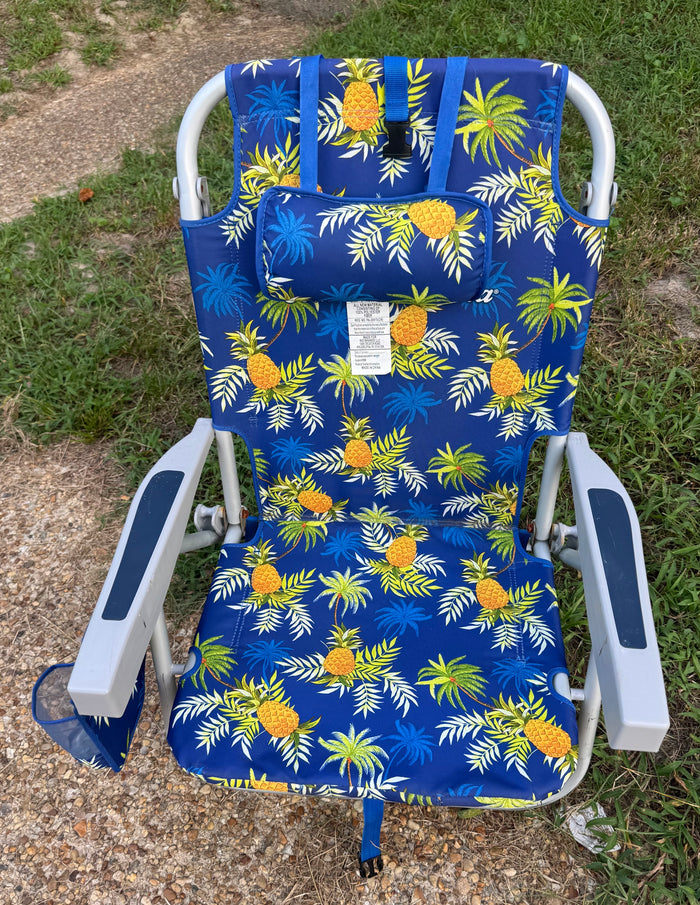 Blue Pineapple Tommy Bahama Back Pack Low Sitting Beach Chair with Pillow & Cooler Pocket