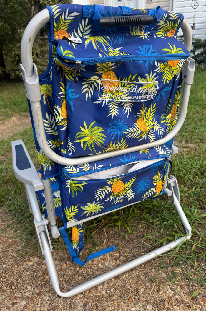Blue Pineapple Tommy Bahama Back Pack Low Sitting Beach Chair with Pillow & Cooler Pocket