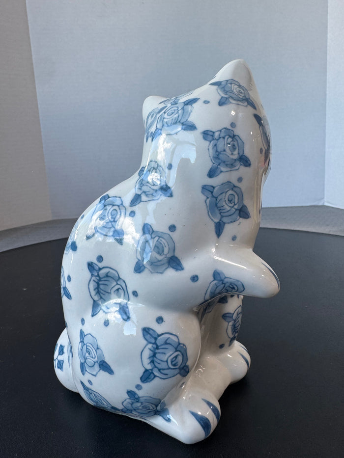 Blue & White Floral Chinoiserie Ceramic Cat