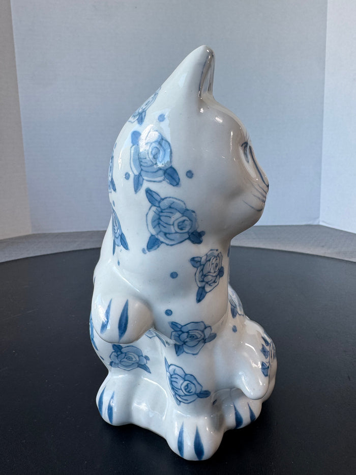 Blue & White Floral Chinoiserie Ceramic Cat