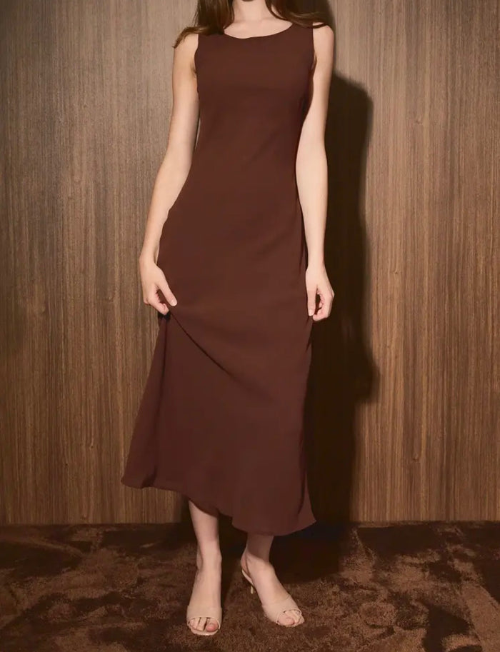 Boat Neck Cowl Back Bias Cut Midi Dress - Brown