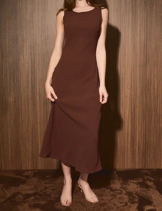 Boat Neck Cowl Back Bias Cut Midi Dress - Brown