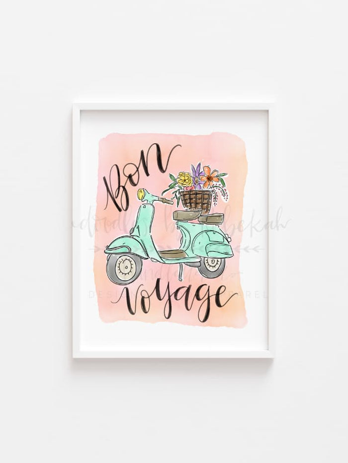 Colorful print with a scooter, flowers, and text that reads "Bon Voyage"