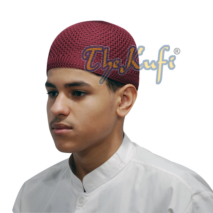 Burgundy Soft Open-Weave Nylon Stretchy Kufi Hat Skull Cap Beanie