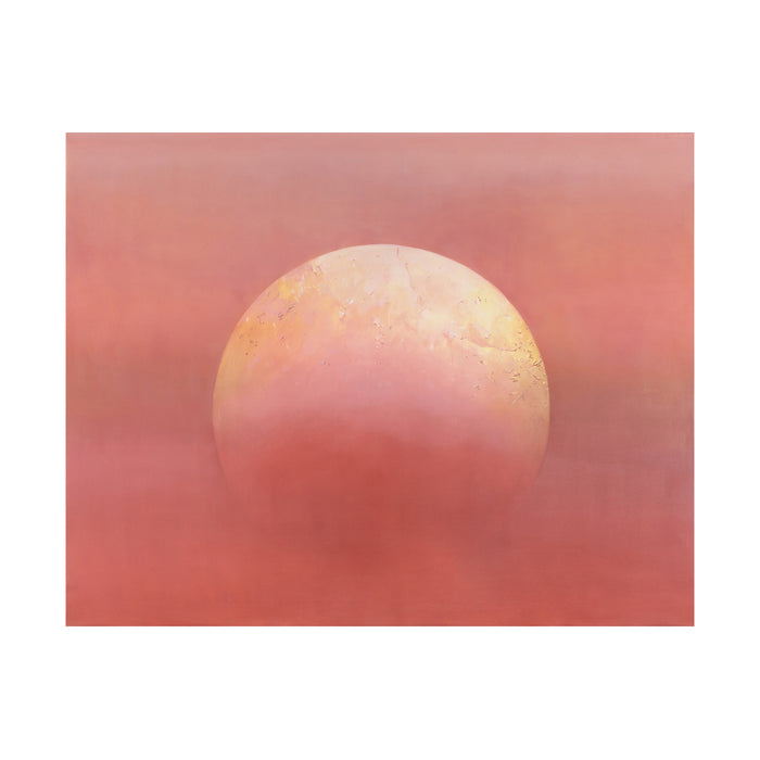 The artwork 'Butter Moon' by Theresa Bloise features a luminous circular orb resembling a full moon against a soft coral pink background. Created with oil and acrylic on canvas, the moon appears butter-yellow with delicate textural details, floating in a dreamy atmospheric haze. The gradient effect creates depth and ethereal quality in this contemporary abstract piece.